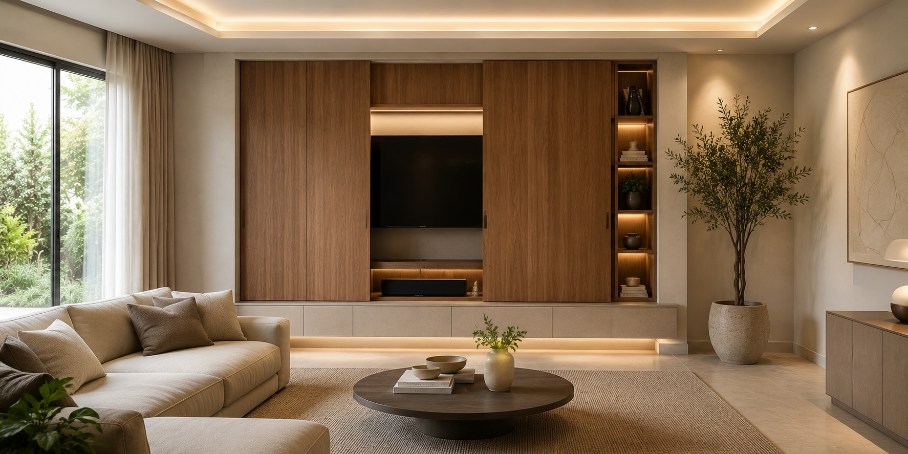 TV concealed behind sliding wood panels with modern décor and soft lighting, cozy living space.