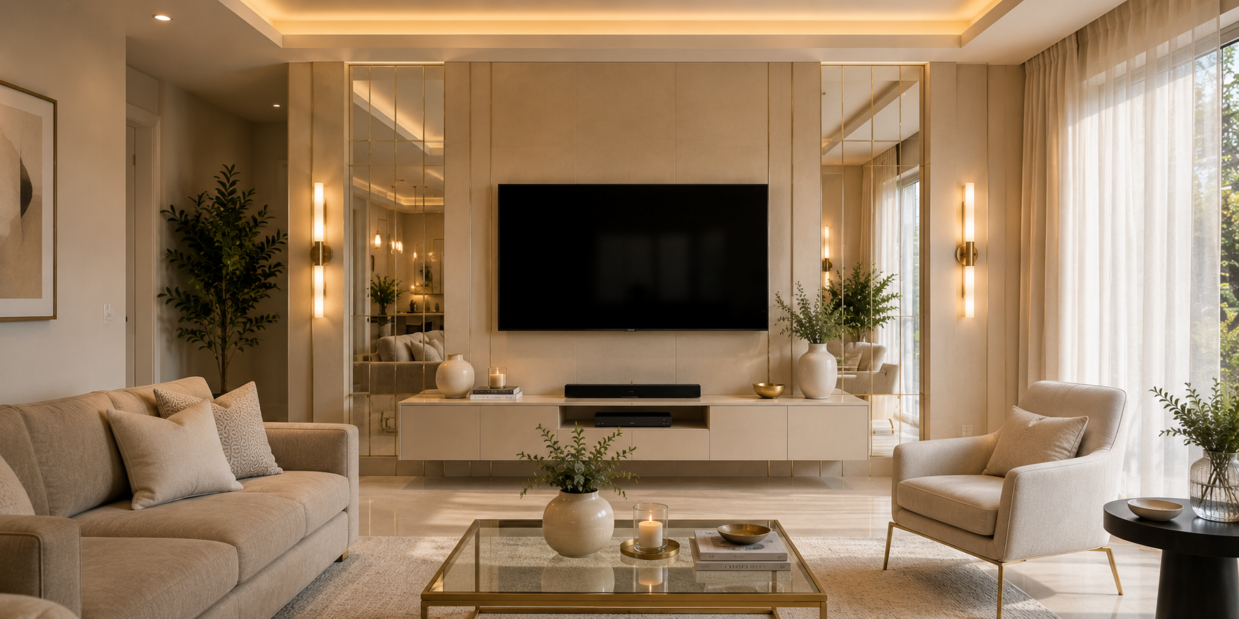 TV wall with mirrored accents reflecting natural light, minimalist décor, and soft beige color palette