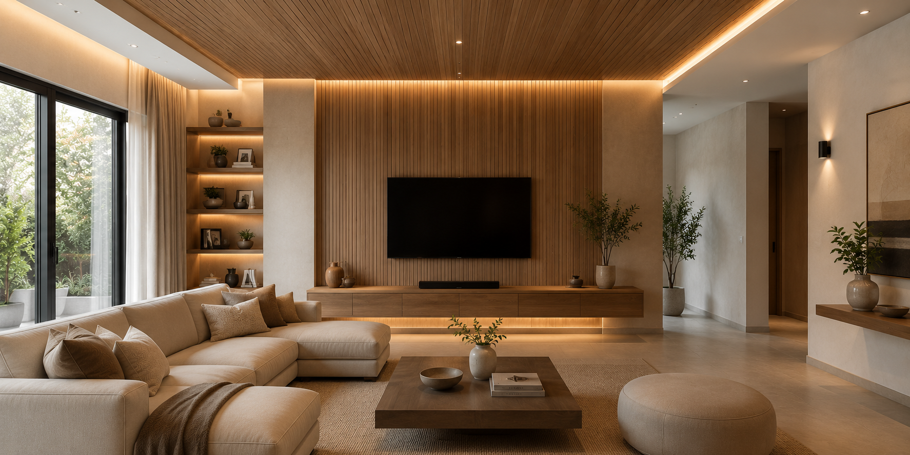 TV wall with wood panels extending onto the ceiling, recessed LED lights, cozy sectional sofa, neutral palette