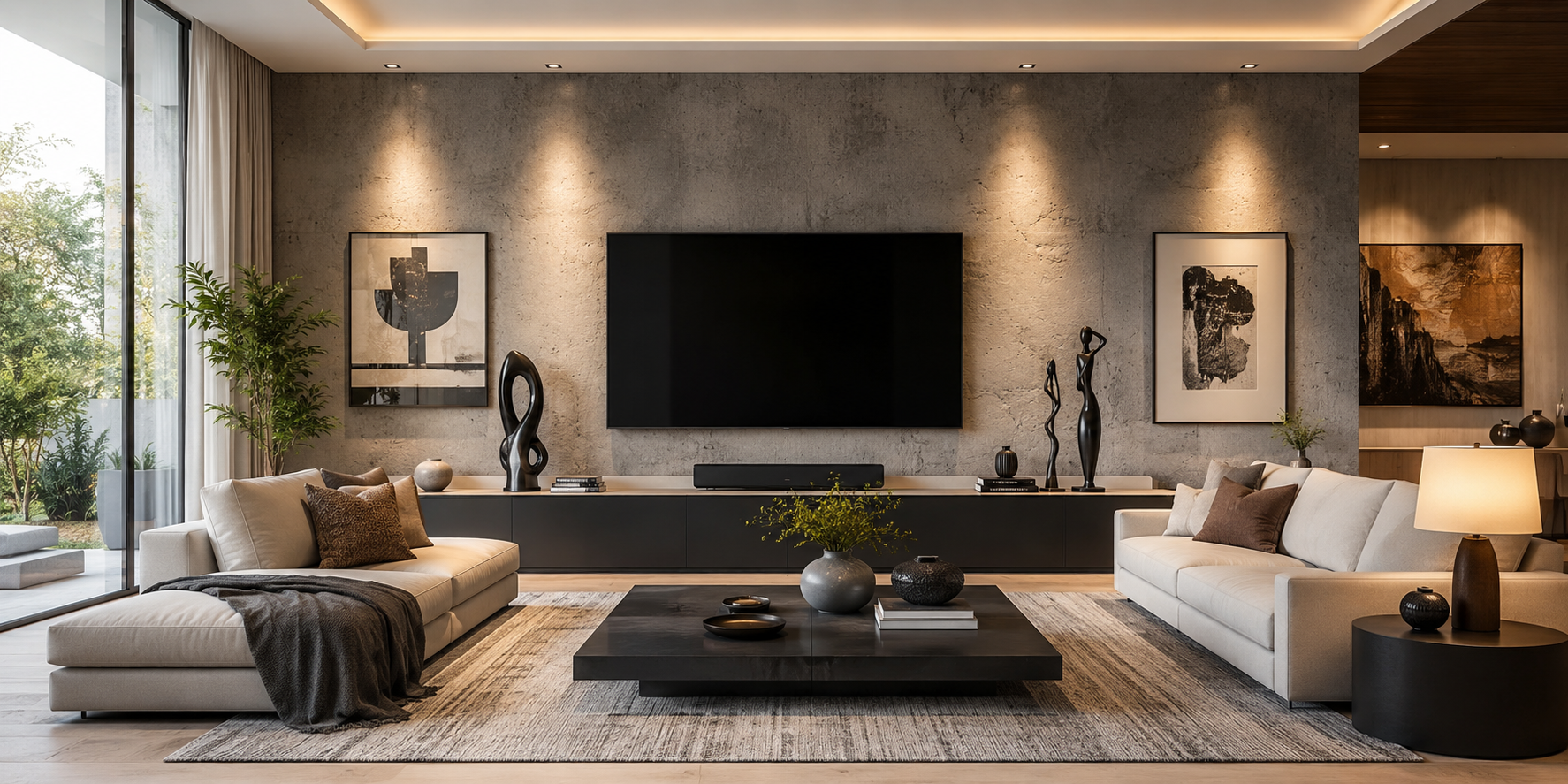 Modern living room with sculptural wall art around the TV, concrete background, warm spot lighting