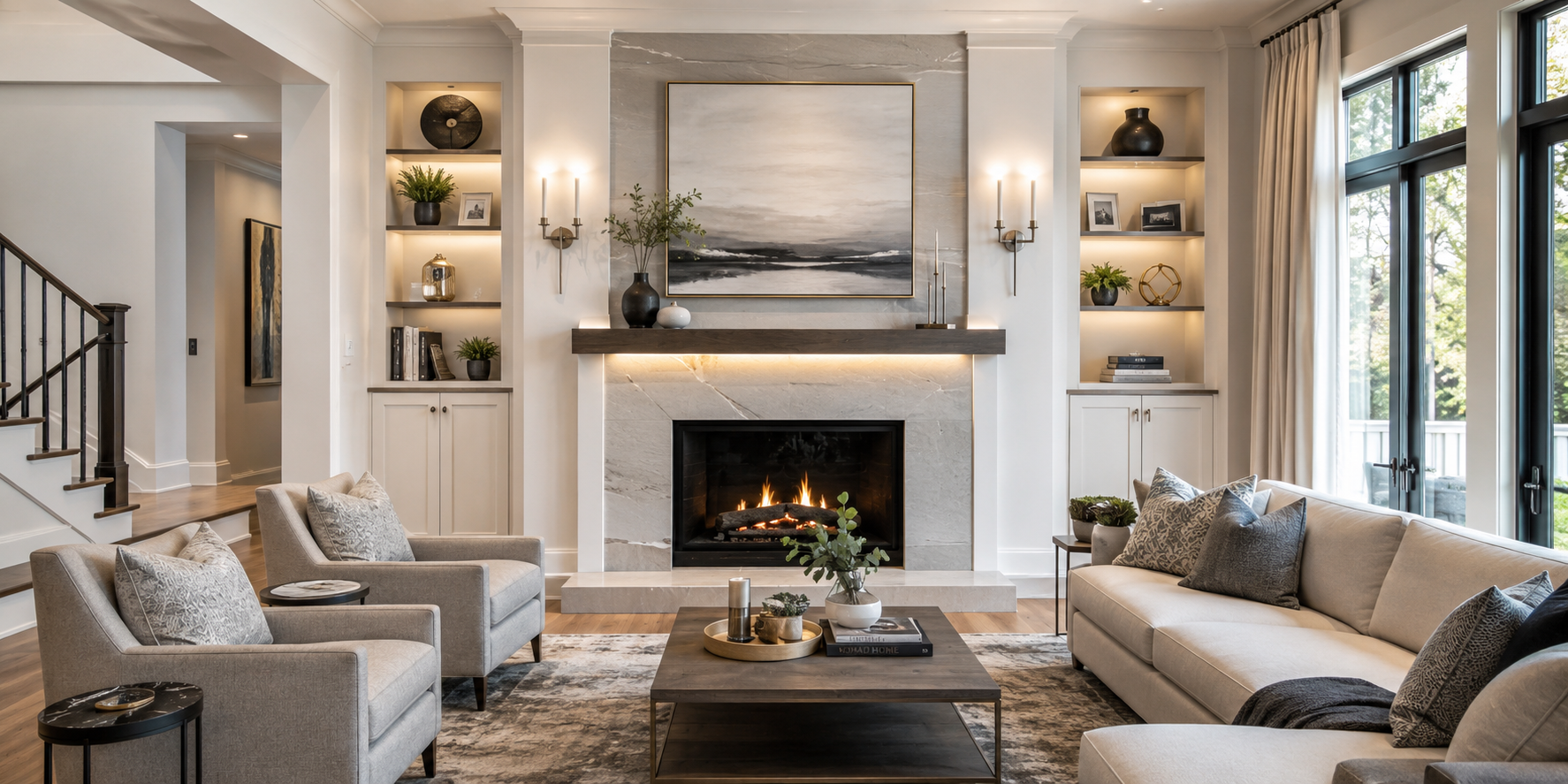 Elegant marble fireplace surround in light grey, with brushed nickel candle-style wall sconces on each side, subtle LED accent lighting underneath mantel, crisp clean lines,