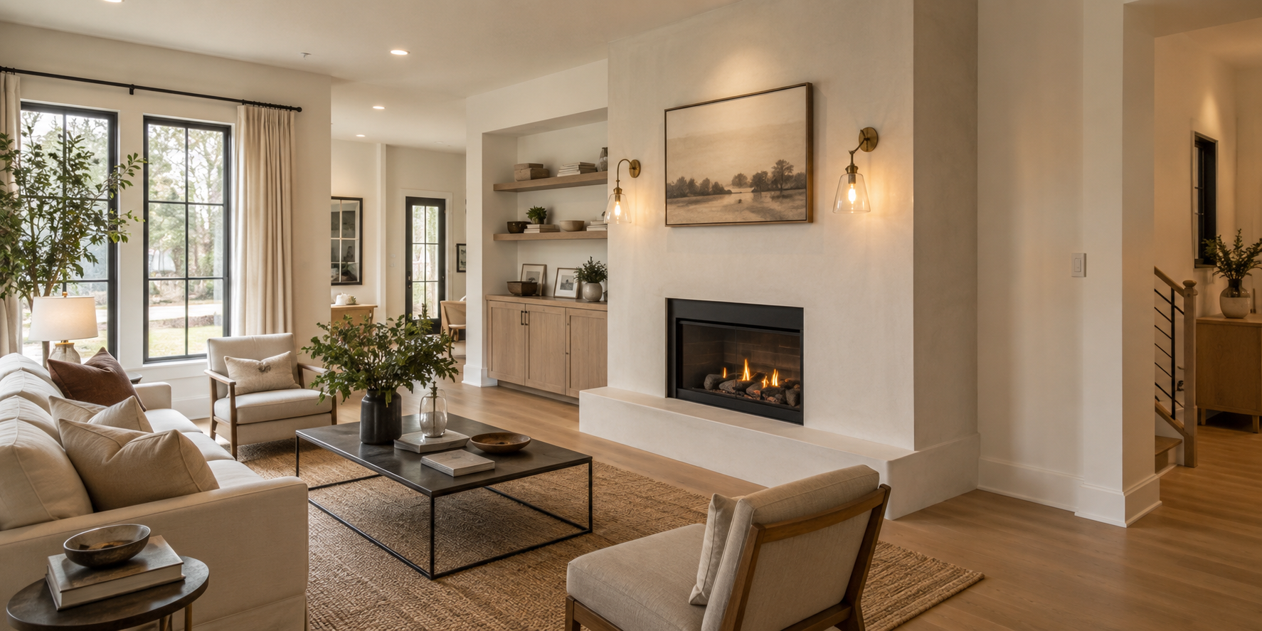 Minimal white plaster fireplace, twin vintage brass wall sconces with clear glass shades, warm ambient light, light oak flooring