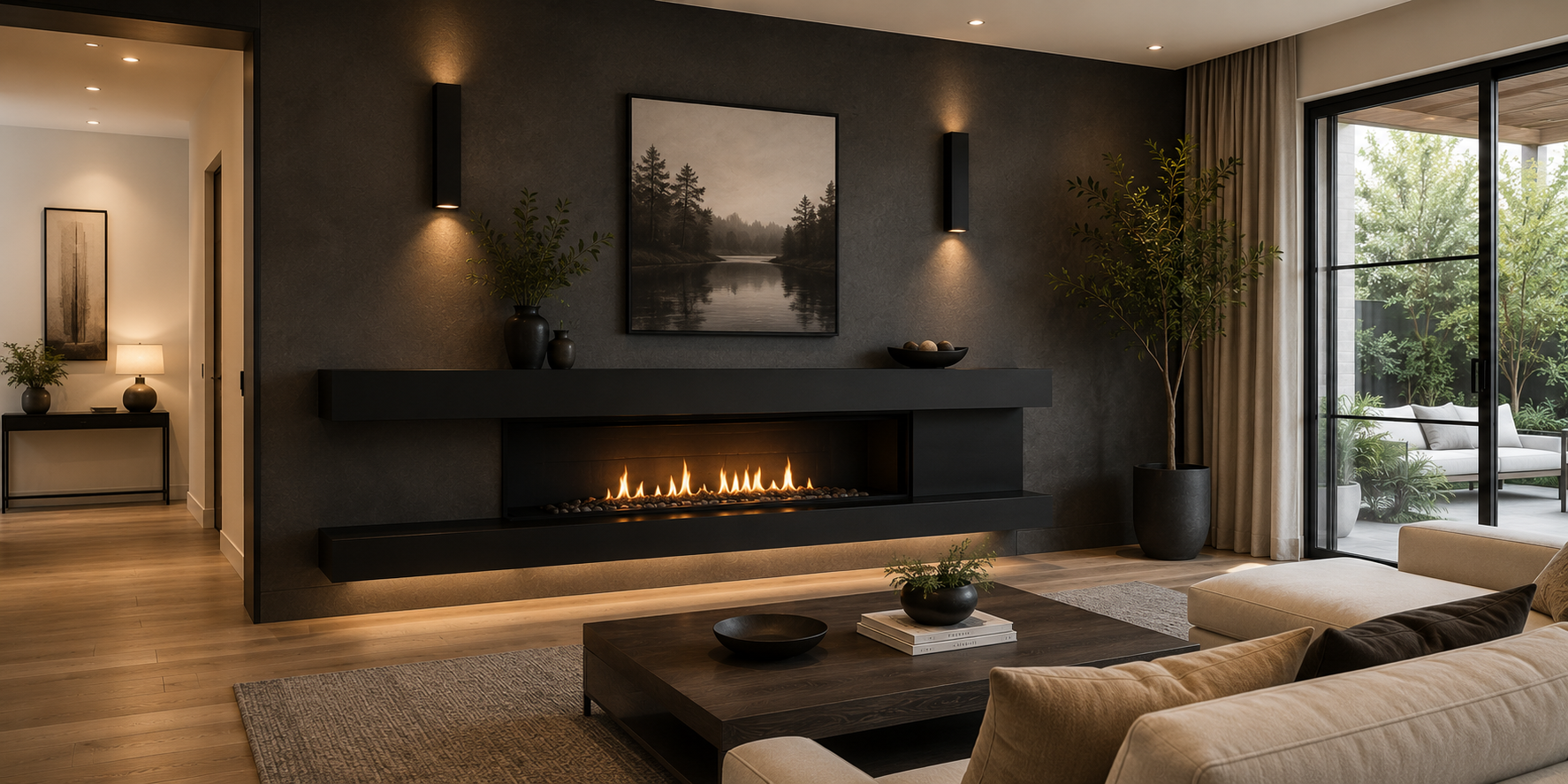 Modern floating fireplace with black steel surround, two narrow rectangular wall sconces above mantel, indirect downward light, charcoal accent wall