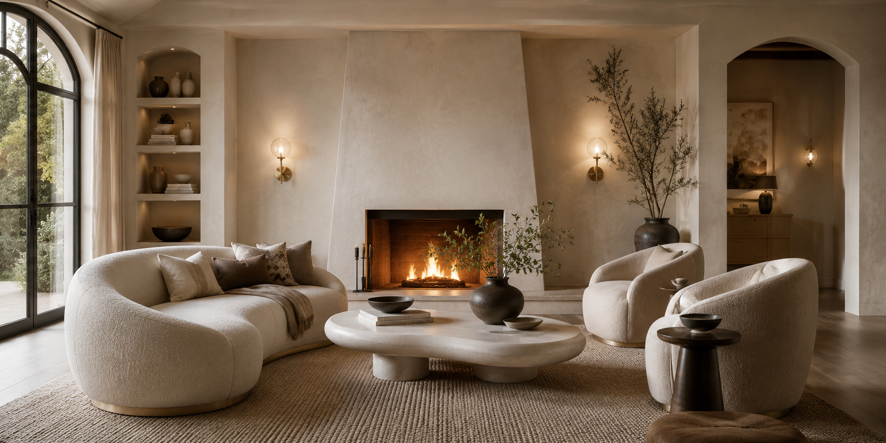 Elegant living room with glass globe wall sconces beside a minimalist fireplace, soft diffused lighting, contemporary neutral interior, curved furniture, modern luxury styling, realistic high-end interior photography, bright airy atmosphere