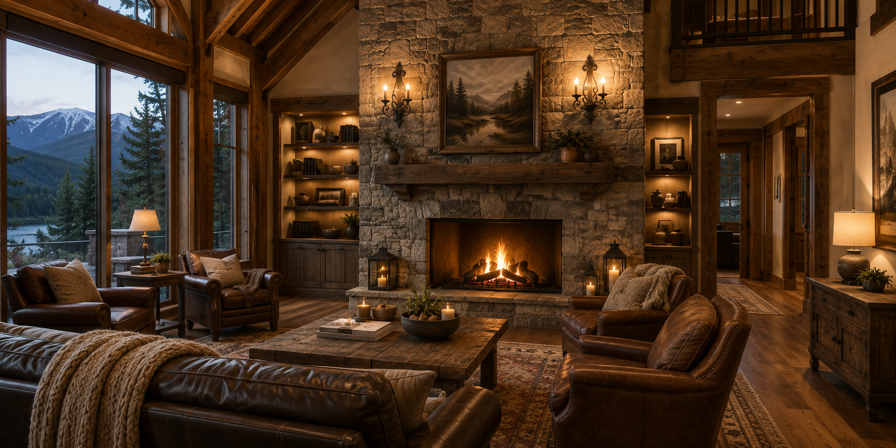 Rustic mountain cabin living room with wrought iron fireplace sconces, natural stone fireplace wall, exposed wood beams, leather seating, cozy warm lighting, earthy tones, realistic lodge-style interior photography, inviting atmosphere