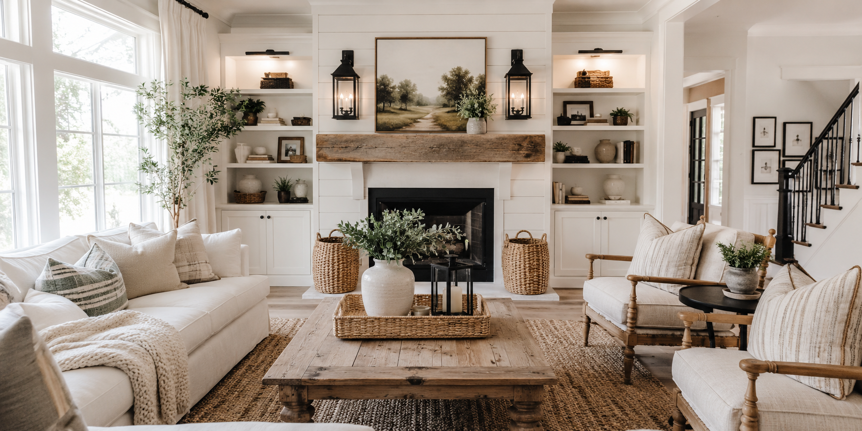 Bright farmhouse living room with black lantern sconces around white shiplap fireplace, distressed wood mantel, woven baskets, cozy neutral furniture, airy country-style décor, realistic home interior photography, daylight-filled room