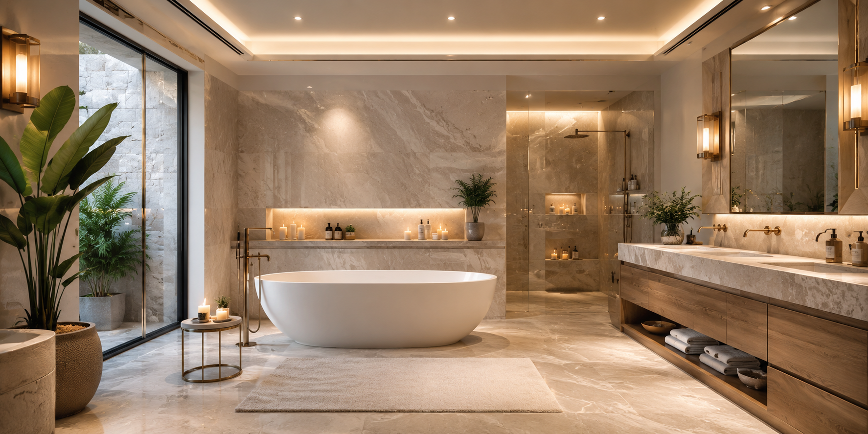 Spa bathroom with layered lighting — ceiling downlights, wall sconces, and candles casting warm reflections.