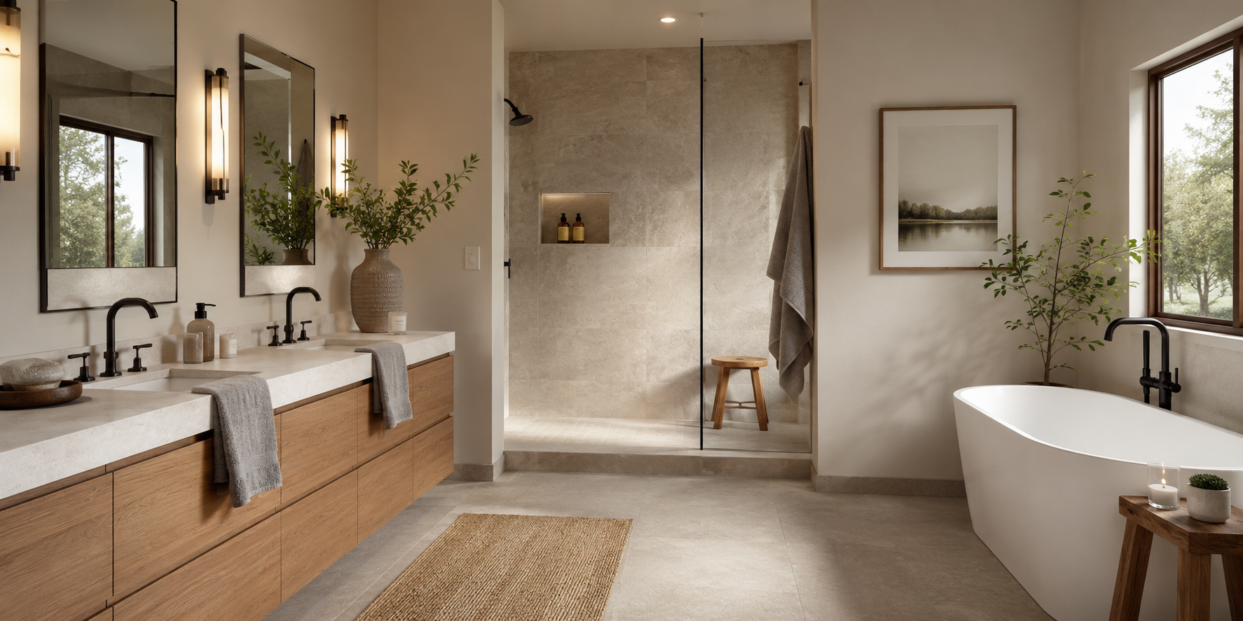 Earth-toned bathroom with beige walls, taupe tiles, wood vanity, and soft gray towels in gentle natural light.