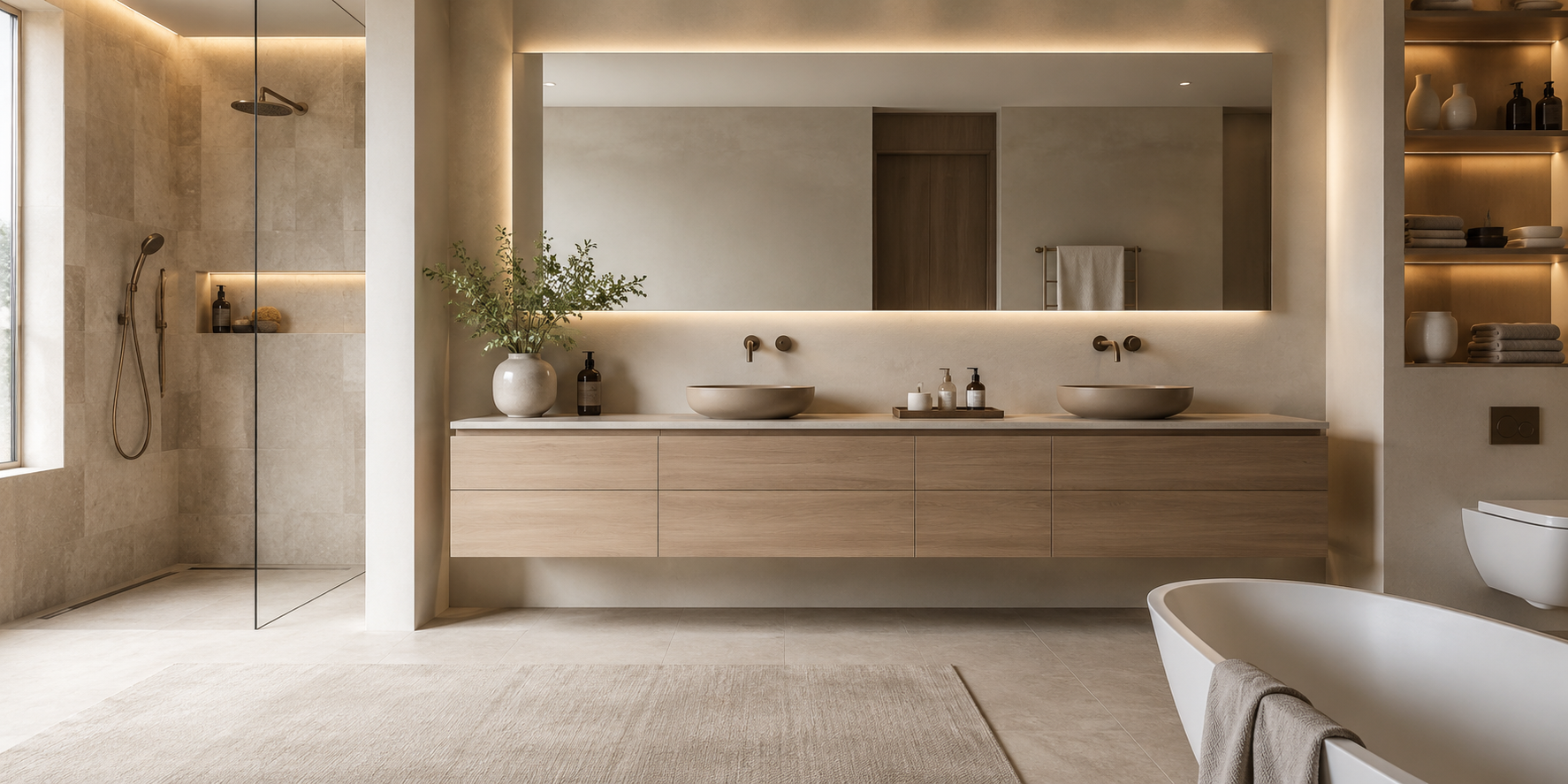 Minimalist spa bathroom with floating vanity, hidden storage, and soft neutral surfaces.
