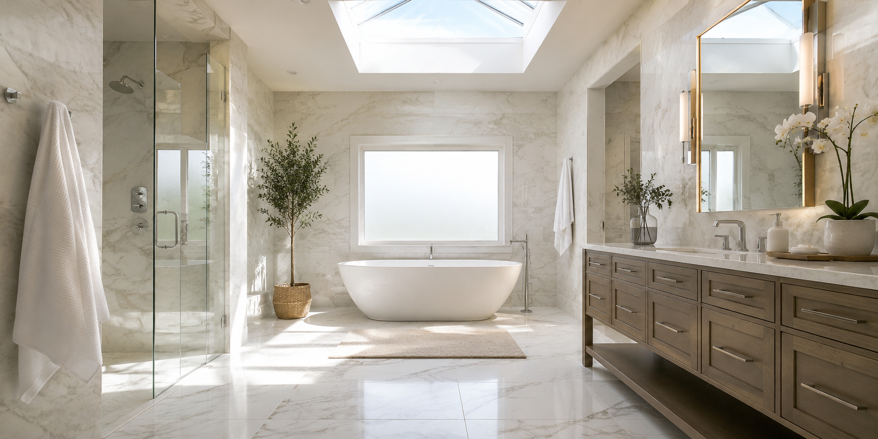 Bathroom with skylight and frosted window, marble tiles glowing under soft daylight.