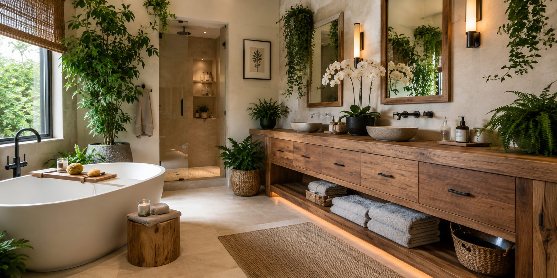 Spa bathroom with ferns, orchids, and trailing plants around a wooden vanity and soaking tub.