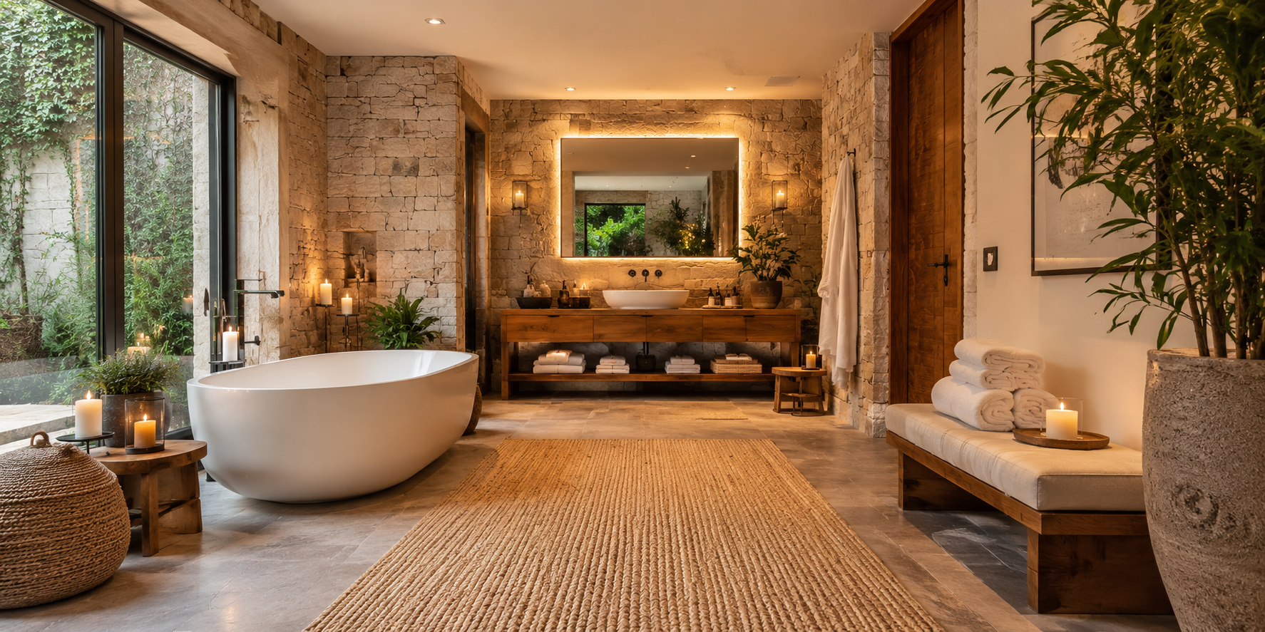 Spa bathroom with jute rug, stone walls, soft linens, and wood furniture in warm candlelight.