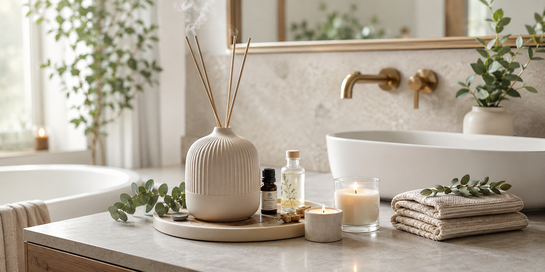Bathroom setup with ceramic diffuser, candles, eucalyptus leaves, and glass jars of essential oils.
