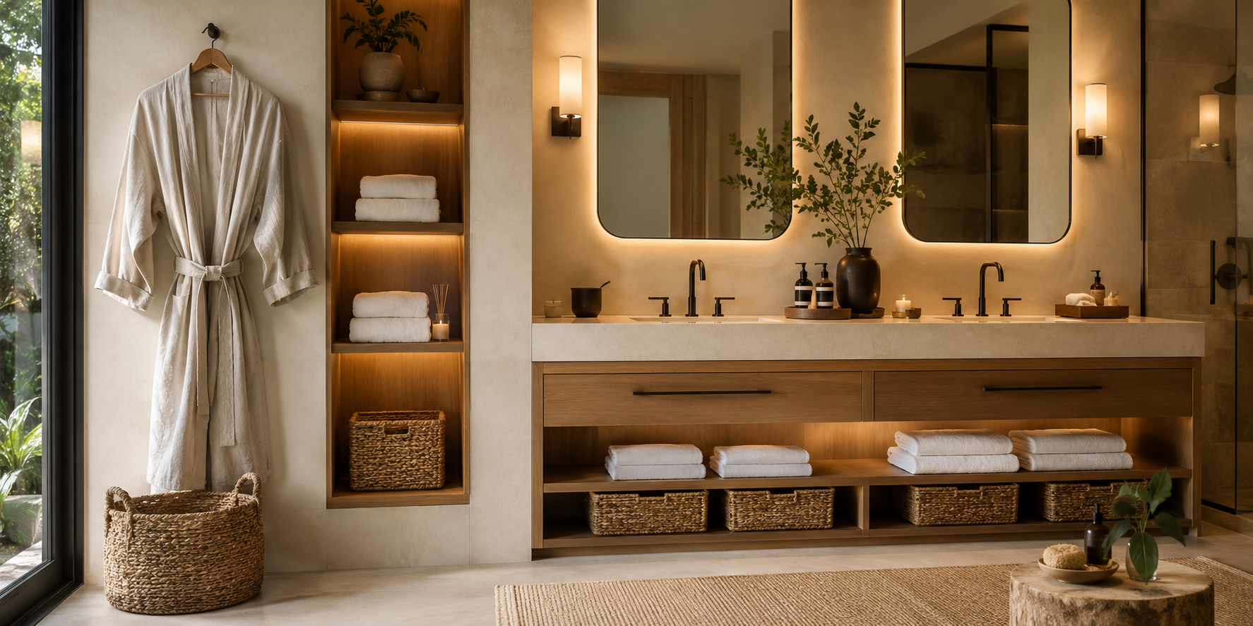 Stacked plush towels, linen robe on wall hook, woven baskets, and warm lighting around vanity