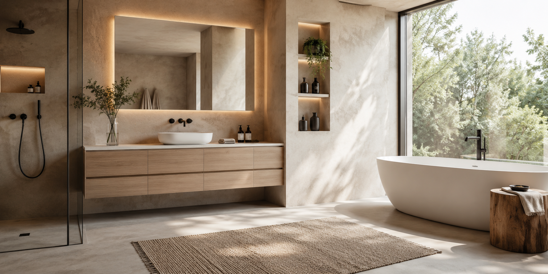 Minimalist spa bathroom with hidden drawers, recessed shelving, and uncluttered countertops.