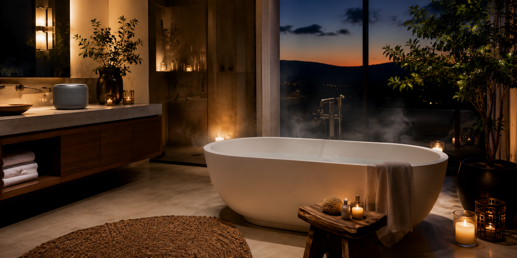 Evening spa bathroom with candles, music system, warm lights, and steam drifting from the tub.