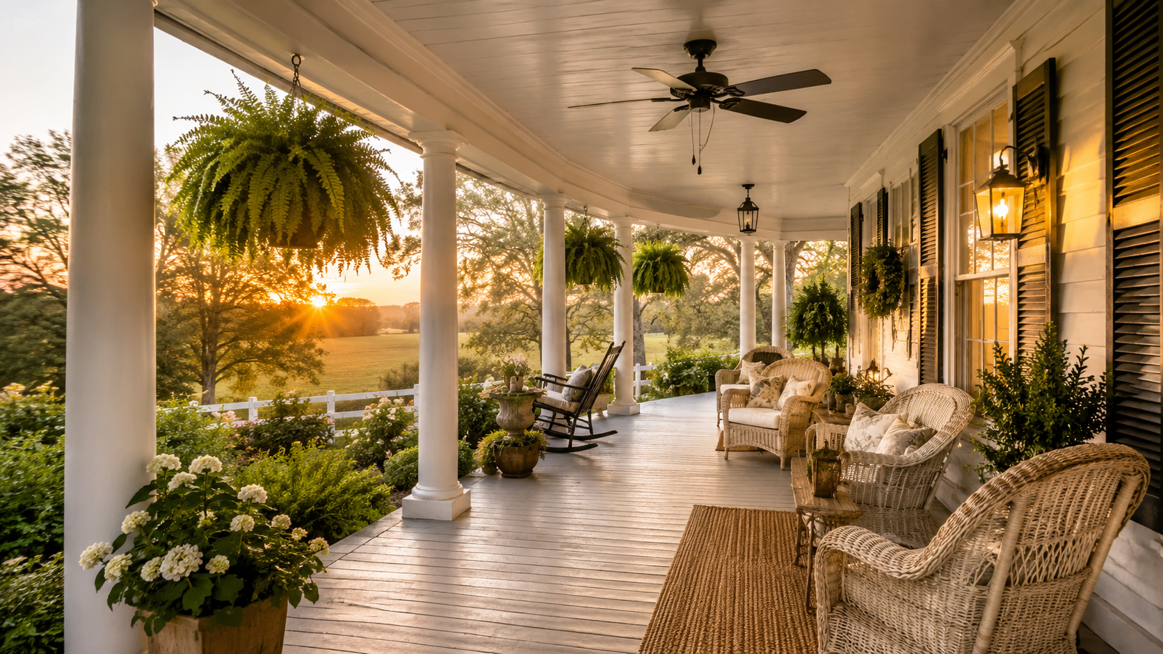 A wide farmhouse wraparound porch with white columns, hanging ferns, wicker chairs with cushions, and a vintage ceiling fan. Golden hour sunlight, natural textures.