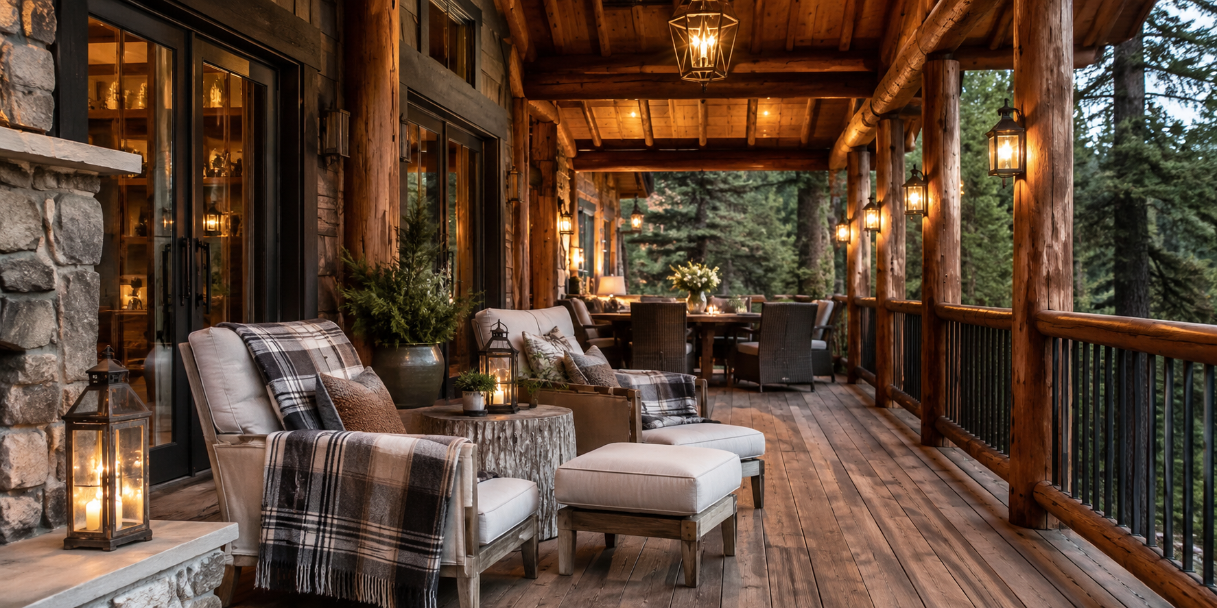 A rustic wooden porch with log beams, wooden floorboards, plaid blankets on seating, and lantern-style lights glowing warmly.