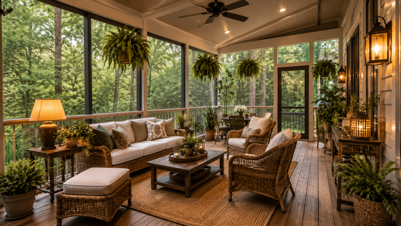 A screened-in porch with large mesh windows, comfortable rattan seating, and warm lighting. Surrounded by greenery, cozy and serene.