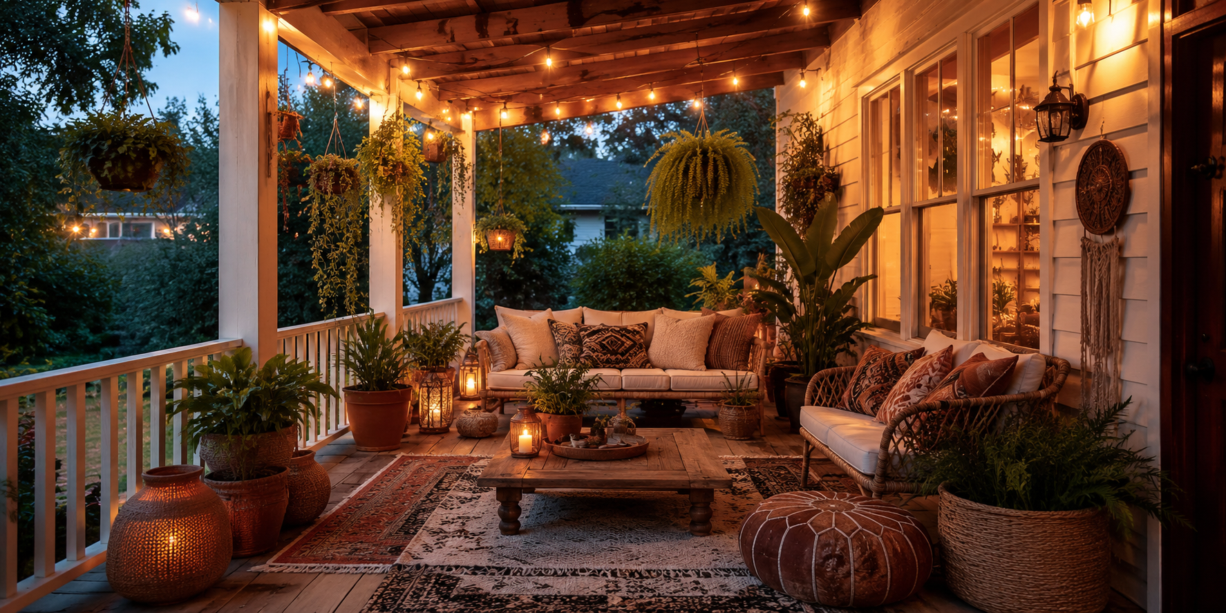 A bohemian-style porch with layered rugs, hanging plants, patterned cushions, and a low wooden table. Warm evening glow, soft fairy lights