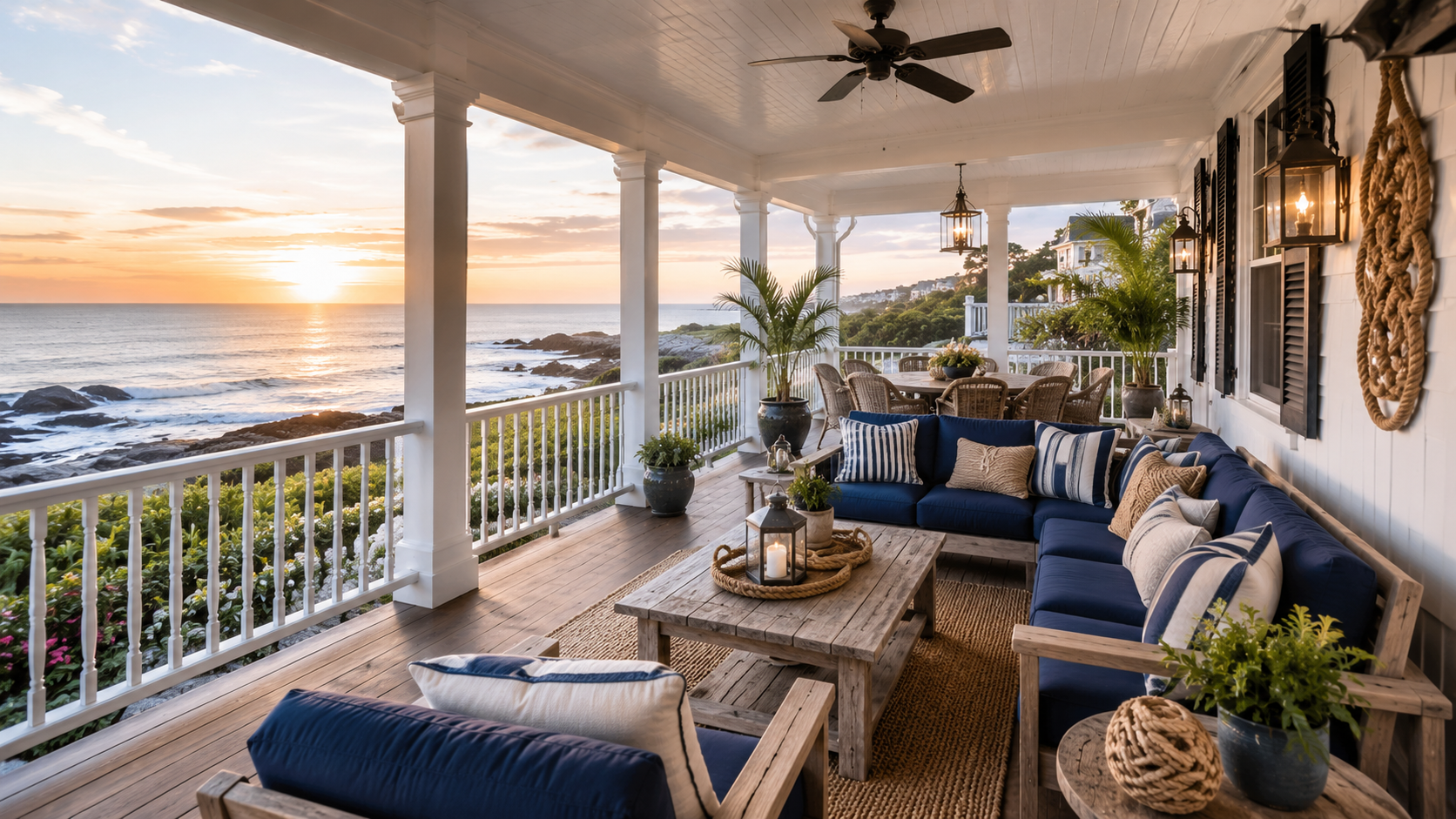 A coastal-inspired porch with white railings, navy cushions, rope décor, and driftwood furniture. Ocean horizon in the background