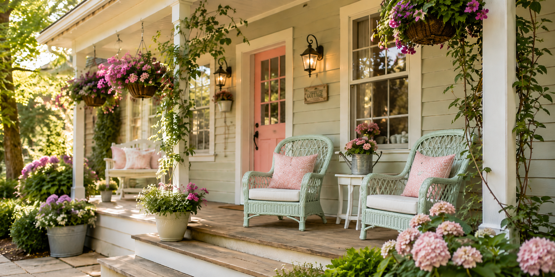 A small cottage porch with pastel-painted chairs, hanging flower pots, climbing vines, and vintage lanterns. Soft natural lighting