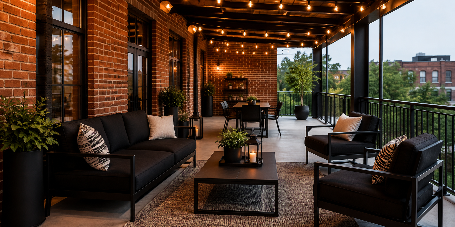 An industrial-style porch with concrete flooring, metal railings, exposed brick, and string lights. Sleek black furniture, evening ambiance
