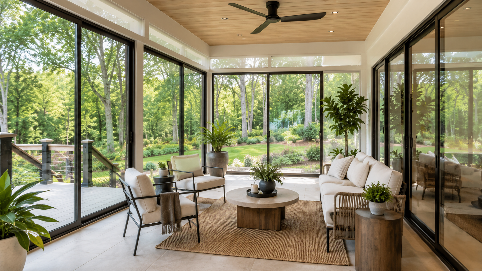 A glass-enclosed modern porch with large sliding doors, minimalist furniture, potted plants, and a neutral palette. Bright natural daylight.