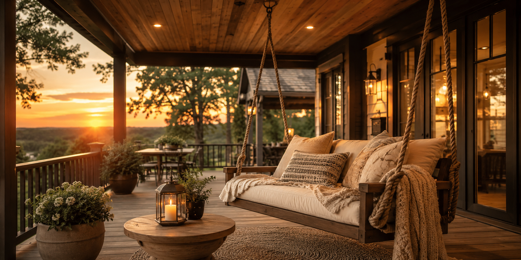 A wooden porch swing with soft cushions and blankets, hanging from rope under a wooden ceiling. Sunset lighting, cozy atmosphere
