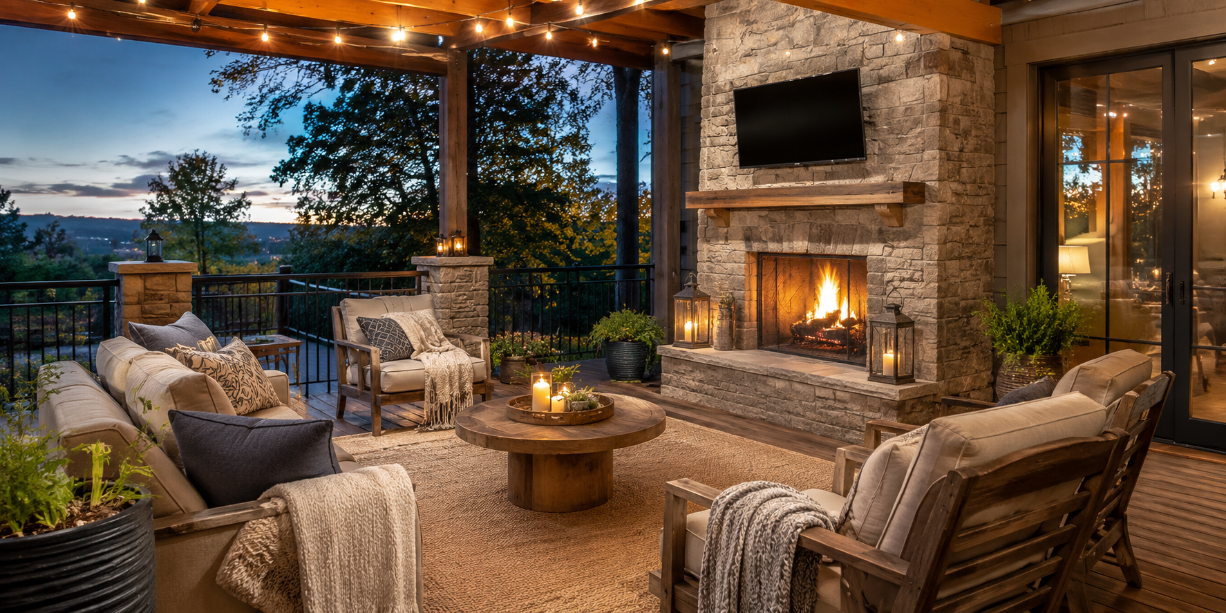 A porch with a stone fireplace surrounded by lounge chairs and blankets, soft string lights glowing at dusk