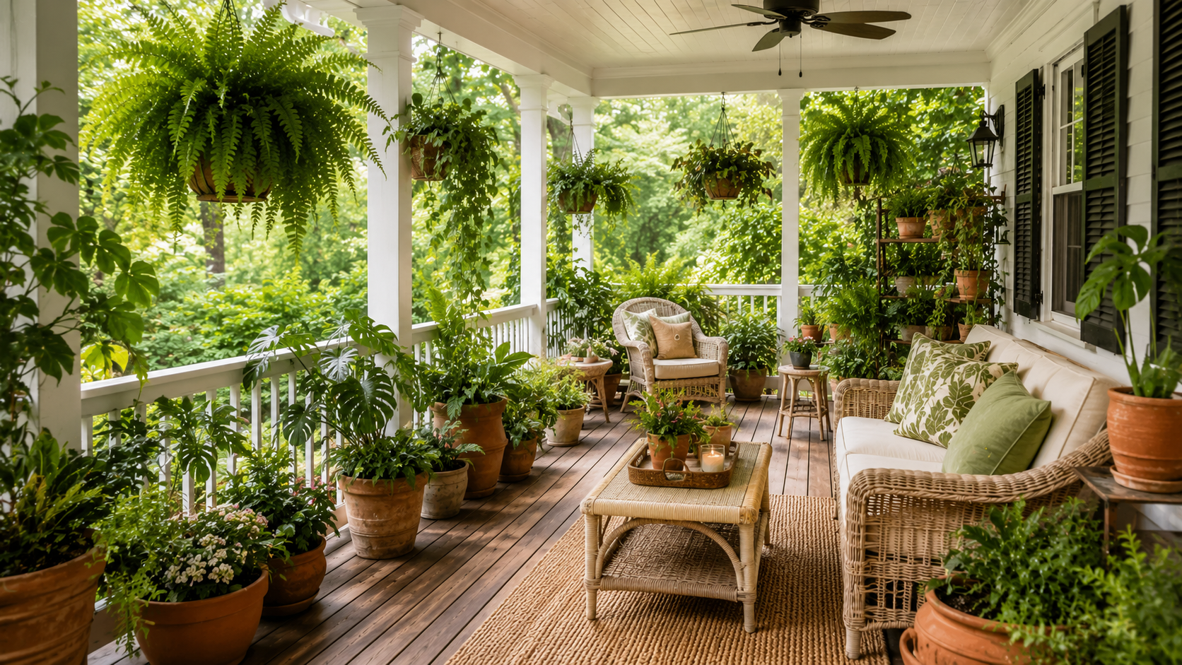 A porch filled with plants in terracotta pots, hanging ferns, wooden floor, and light wicker furniture. Lush, natural atmosphere.