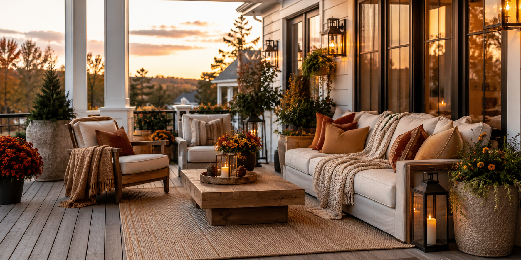 A porch decorated with seasonal touches—cozy blankets, warm-toned cushions, lanterns, and greenery. Early evening light.