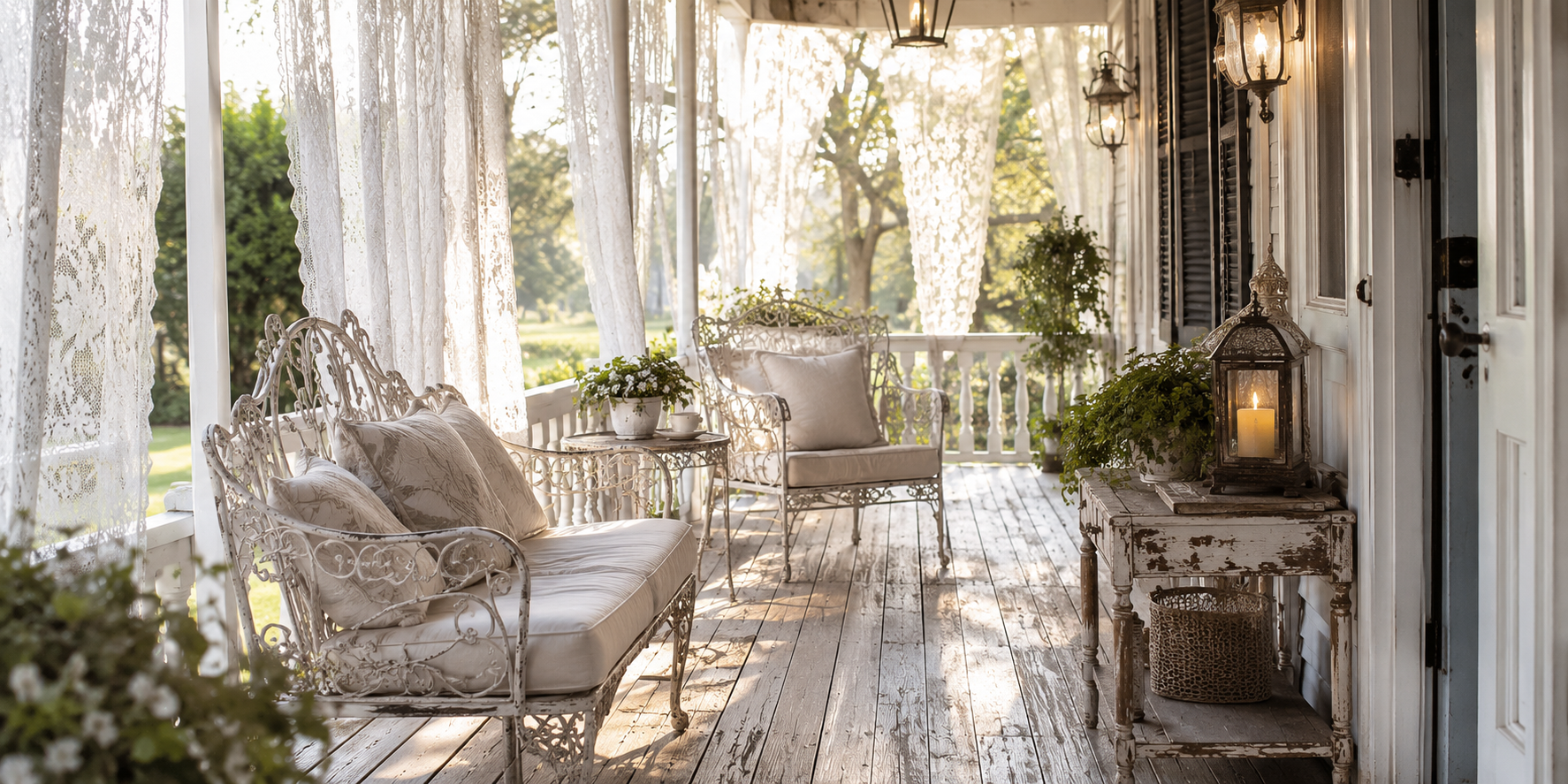 A vintage-style porch with wrought-iron furniture, lace curtains, distressed wood floor, and antique lanterns. Soft morning light
