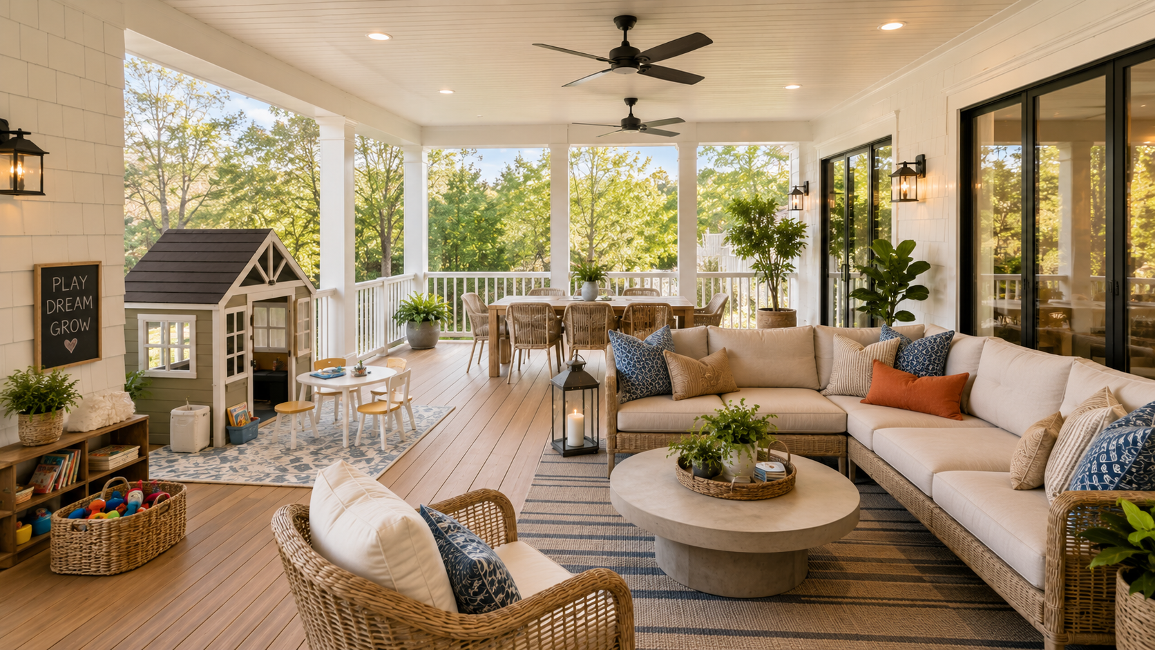 A spacious porch with large sectional seating, dining table, and kids’ play corner. Neutral tones with pops of color