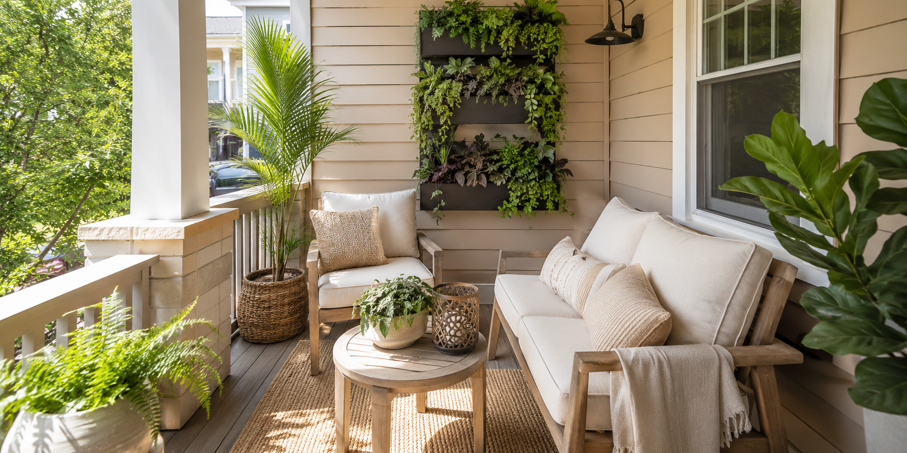 A small porch with compact furniture, vertical planters, soft cushions, and neutral tones. Cozy and inviting, bright daylight