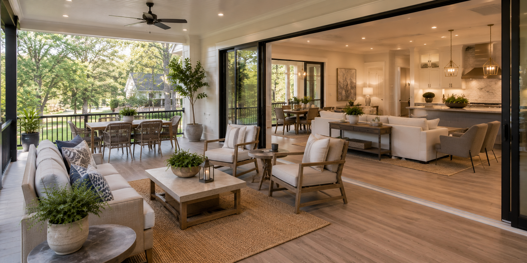 A transitional porch with matching indoor flooring, sliding glass doors, coordinated furniture, and soft natural light.