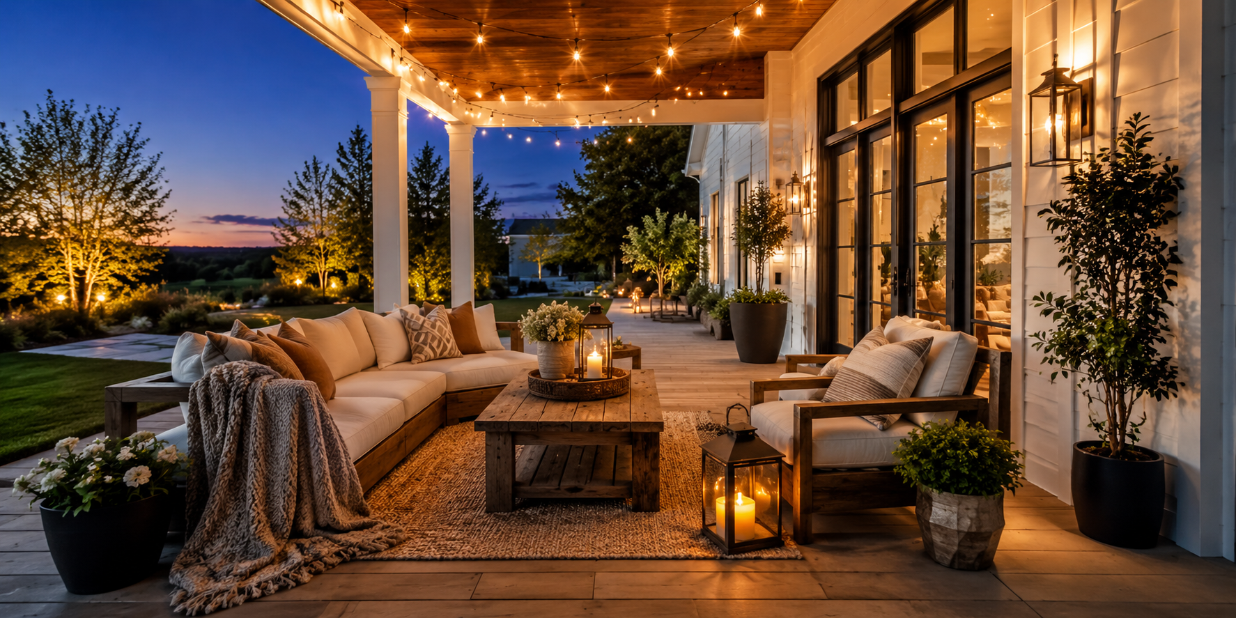 A porch illuminated by string lights, lanterns, and sconces, with soft golden glow at twilight. Comfortable seating and rustic details.