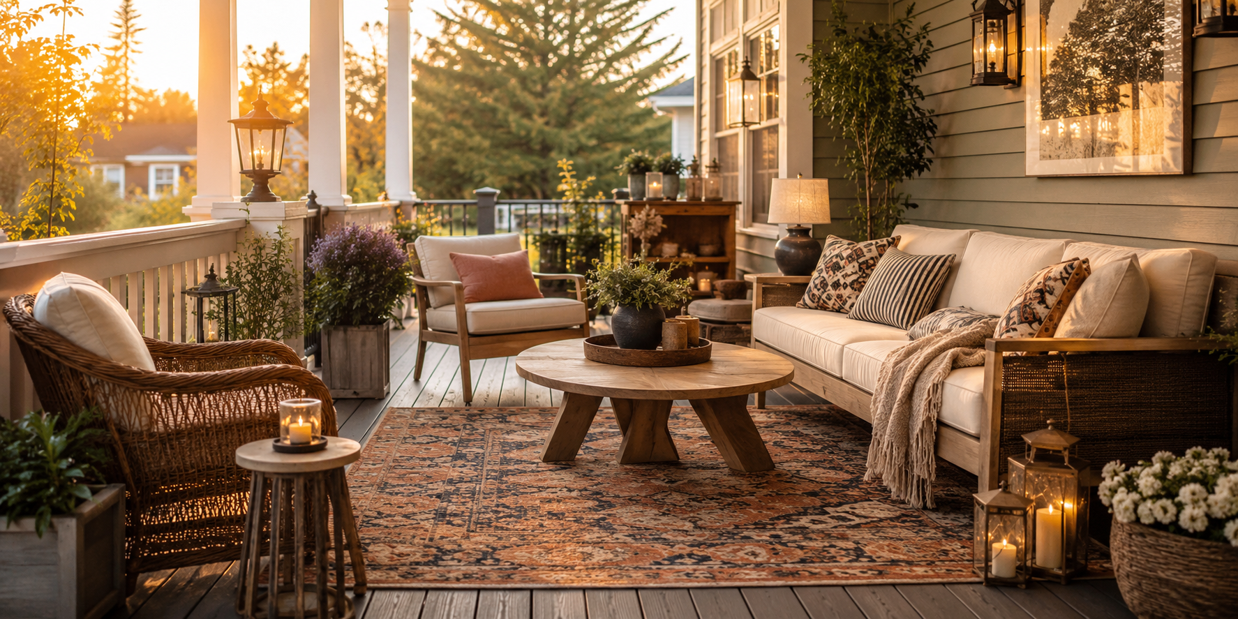 A personalized porch with unique décor pieces, mixed materials, and cozy layered textures reflecting personality. Golden hour light.