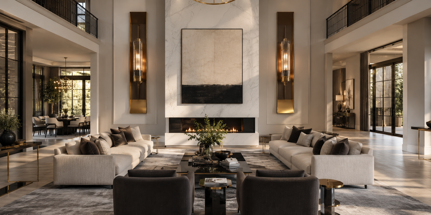 Luxury living room with oversized designer sconces flanking a grand fireplace, high ceilings, elegant modern furniture, dramatic lighting, upscale contemporary interior design