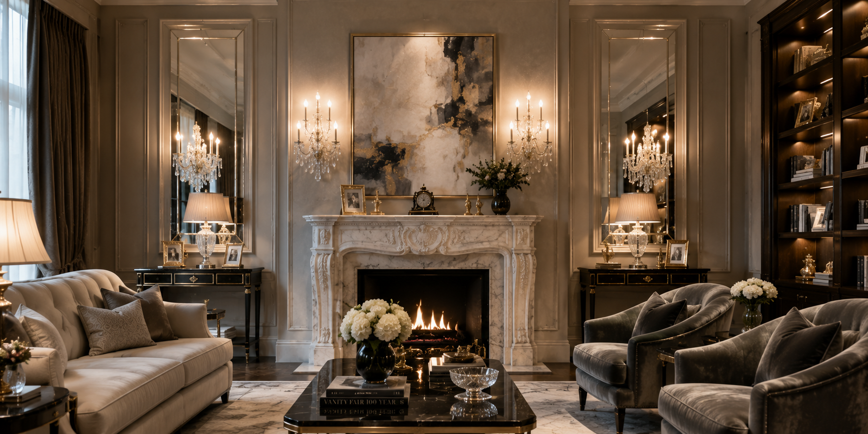 Luxurious traditional living room with crystal fireplace sconces, elegant marble fireplace, velvet armchairs, reflective lighting, glamorous interior décor, soft warm glow,