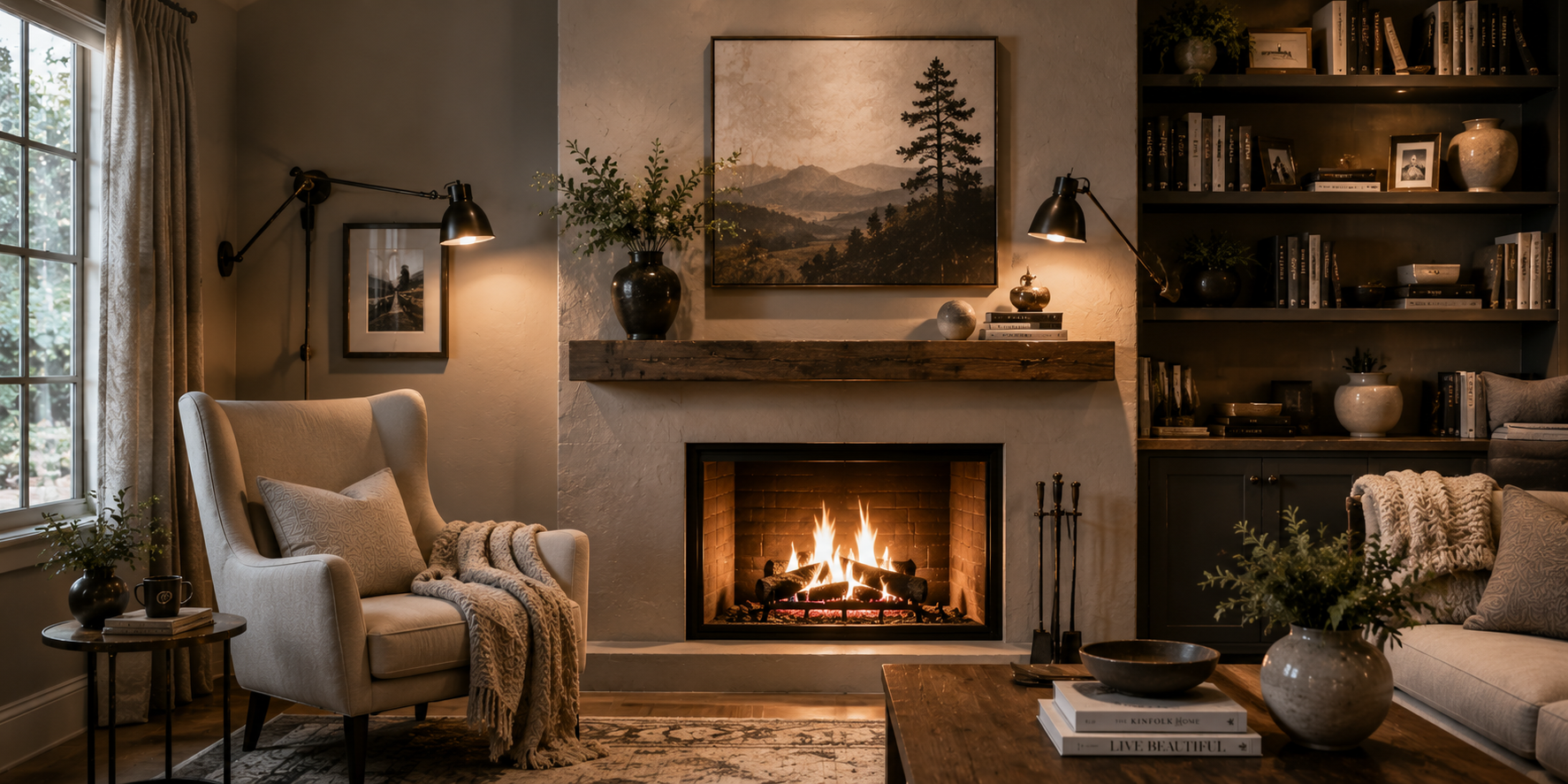 Cozy reading corner beside fireplace with adjustable swing arm sconces, modern armchair, soft blanket textures, warm lighting, compact stylish living room