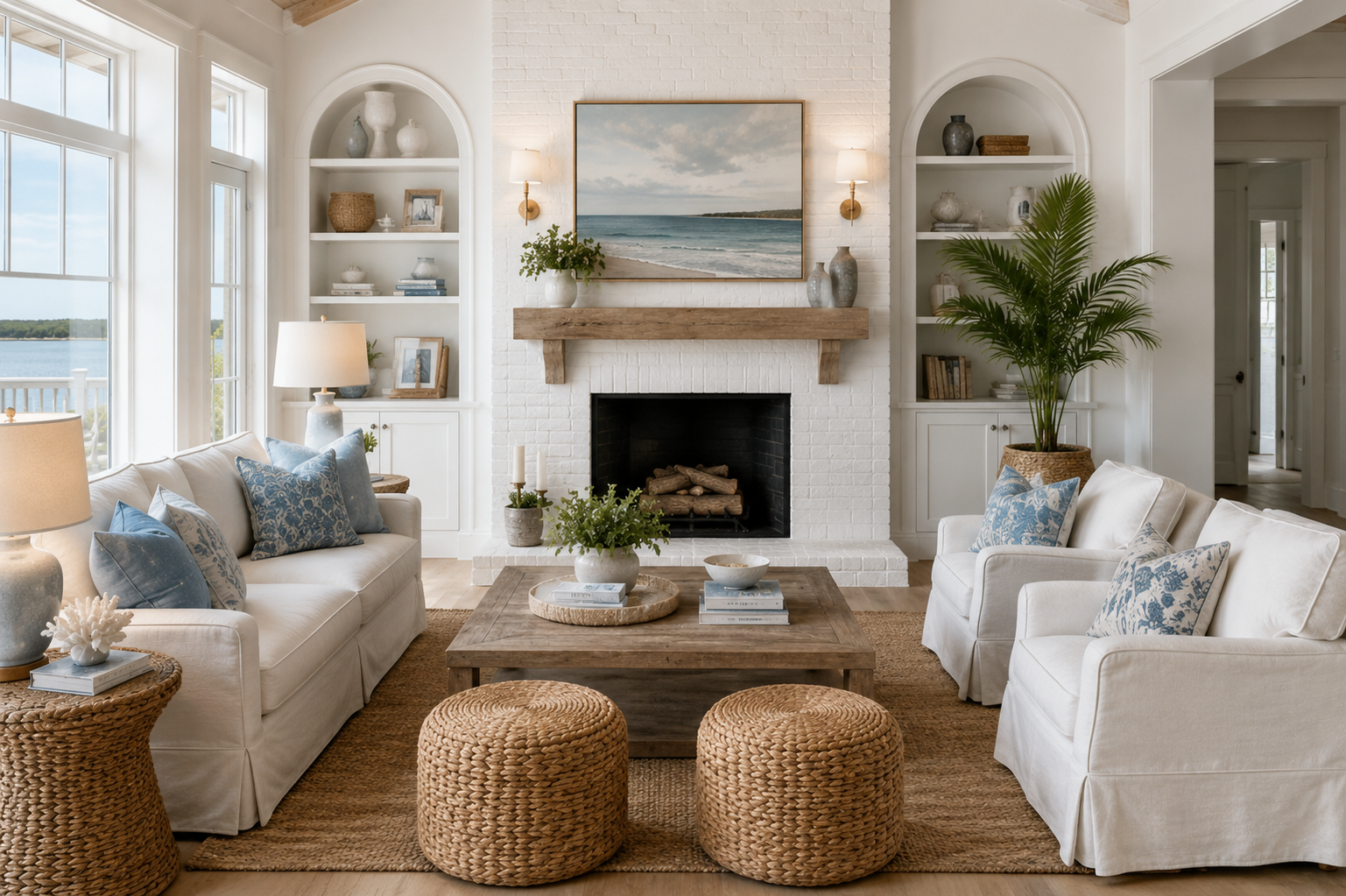 Coastal-style living room with whitewashed fireplace sconces, soft blue accents, natural woven textures, bright airy atmosphere, beach house interior décor, relaxed neutral styling