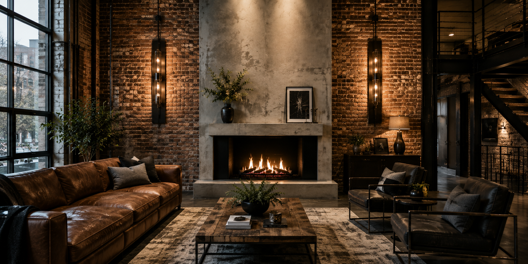 Industrial loft living room with black steel fireplace sconces, exposed brick wall, concrete fireplace surround, leather sofa, moody warm lighting, urban industrial interior design