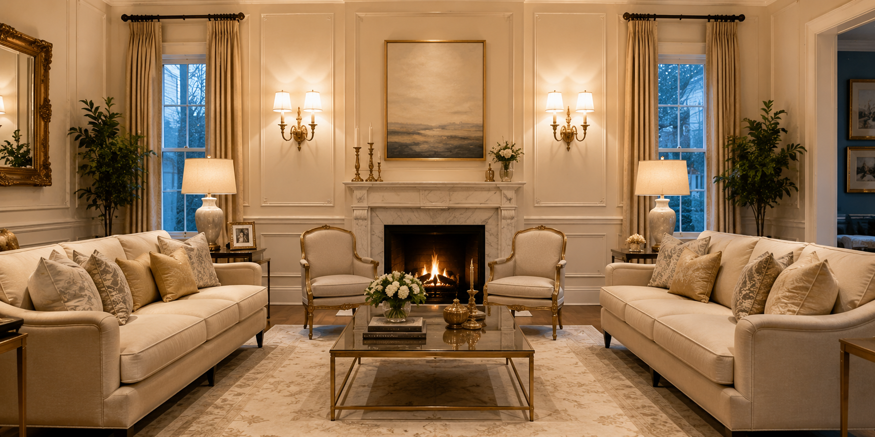 Elegant formal living room with double-light wall sconces beside fireplace, symmetrical lighting, classic interior styling, cream and gold color palette, luxurious seating arrangement