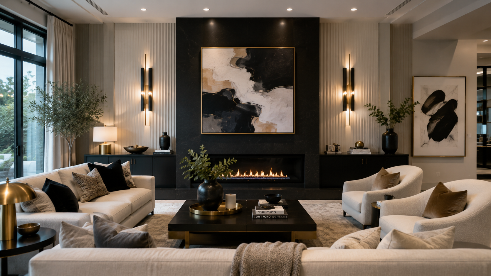 Contemporary fireplace wall with gold and black mixed-metal sconces, abstract artwork, neutral modern furniture, stylish layered lighting, luxury contemporary living room