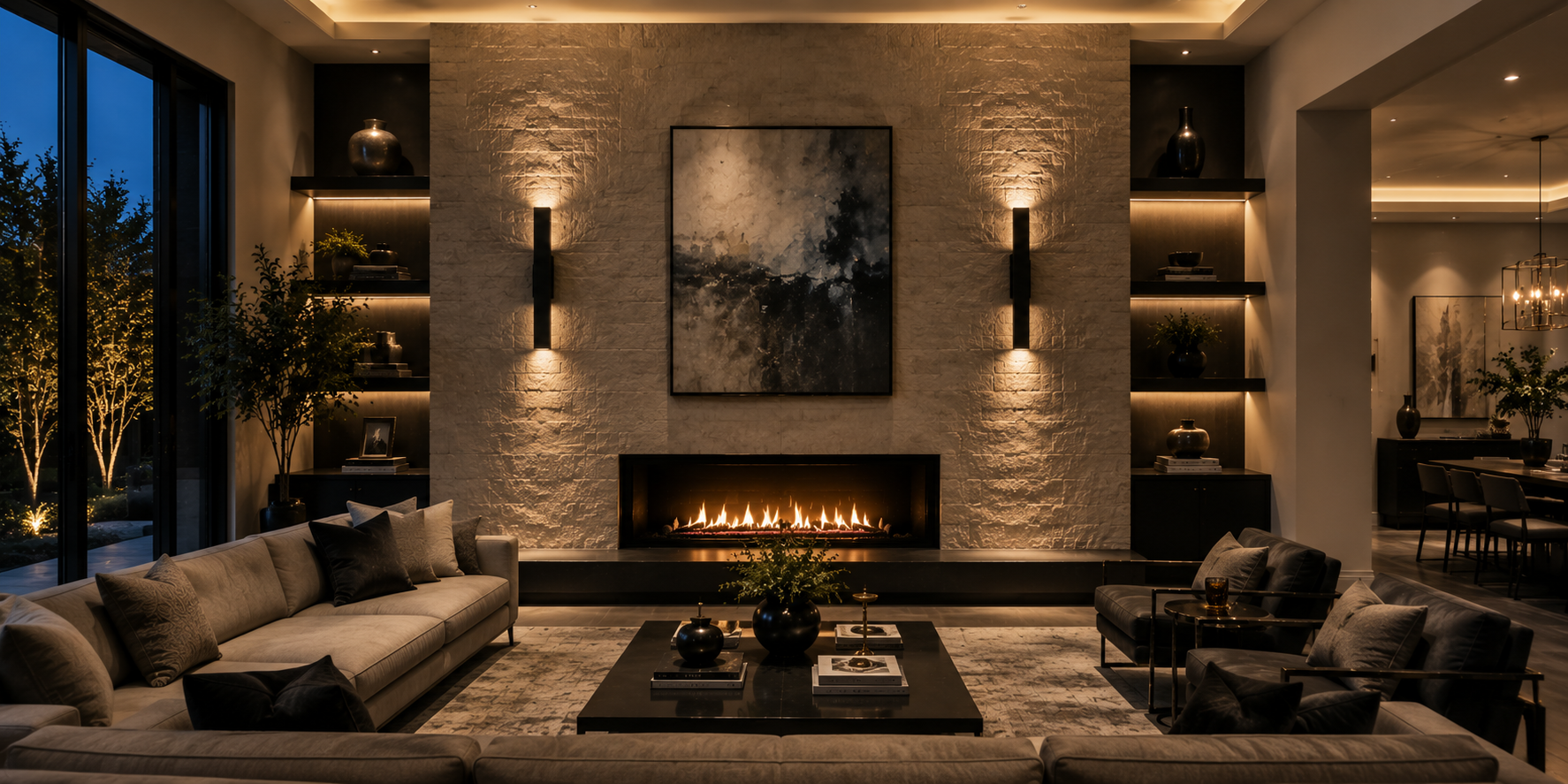 Modern fireplace wall with LED wall wash sconces illuminating textured stone surface, luxury contemporary interior, ambient architectural lighting, sleek furniture,