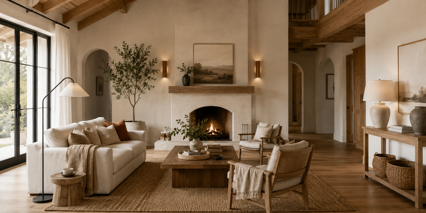 Organic modern living room with wooden accent fireplace sconces, smooth plaster fireplace, natural oak details, earthy neutral décor, warm minimalist styling