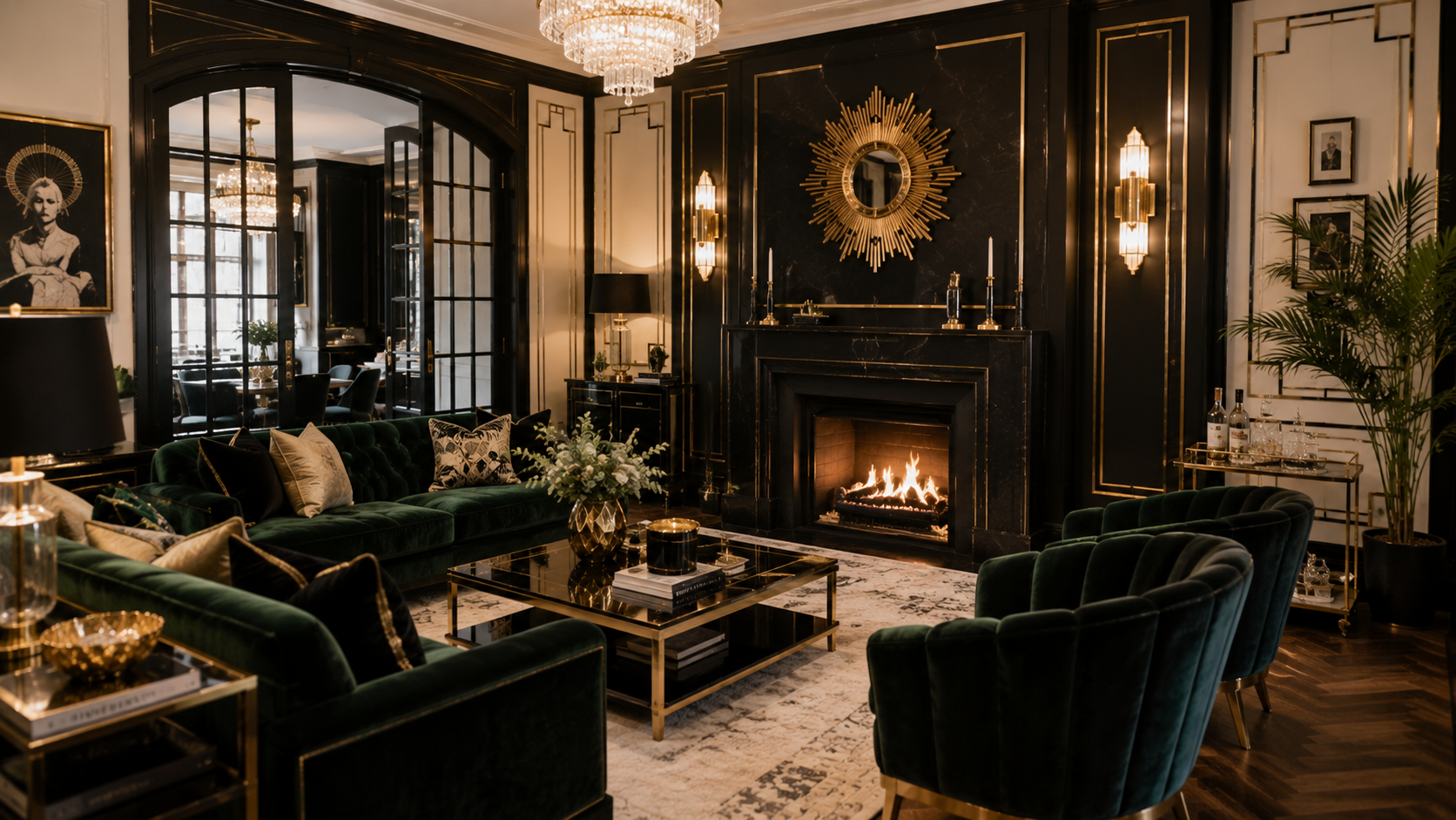 Art Deco-inspired fireplace wall with geometric brass sconces, luxurious velvet seating, elegant black and gold décor, dramatic symmetrical styling, upscale vintage interior design,
