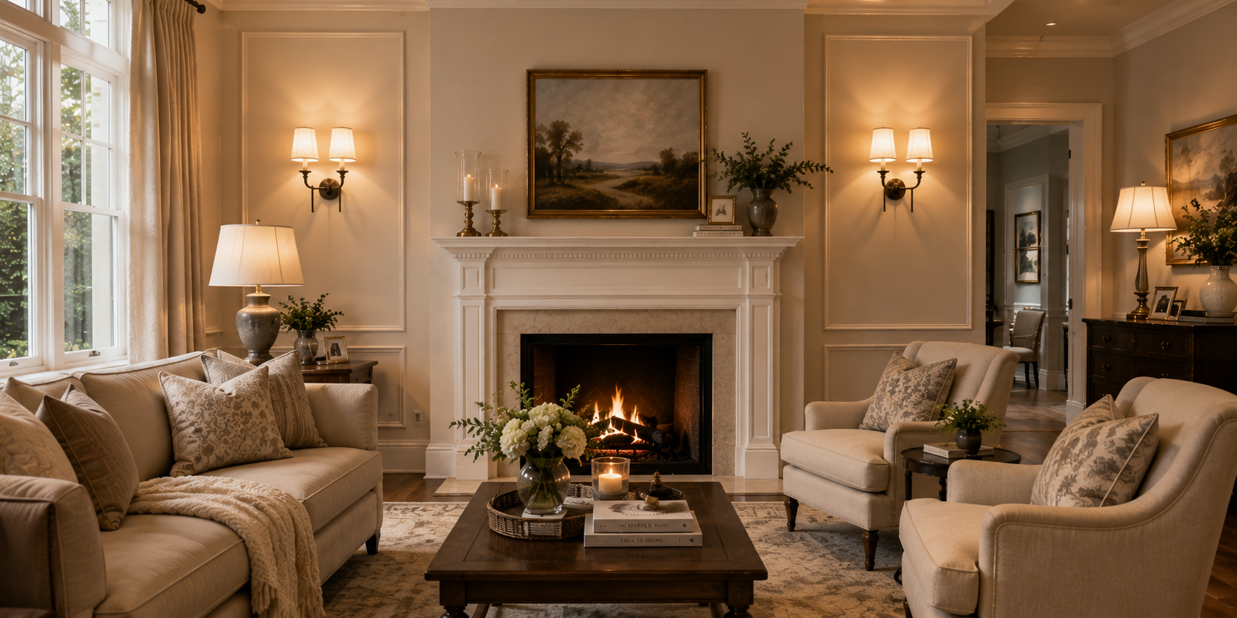 Traditional living room with fabric shade sconces beside fireplace, soft beige and cream palette, classic mantel décor, elegant layered textiles, warm ambient lighting,