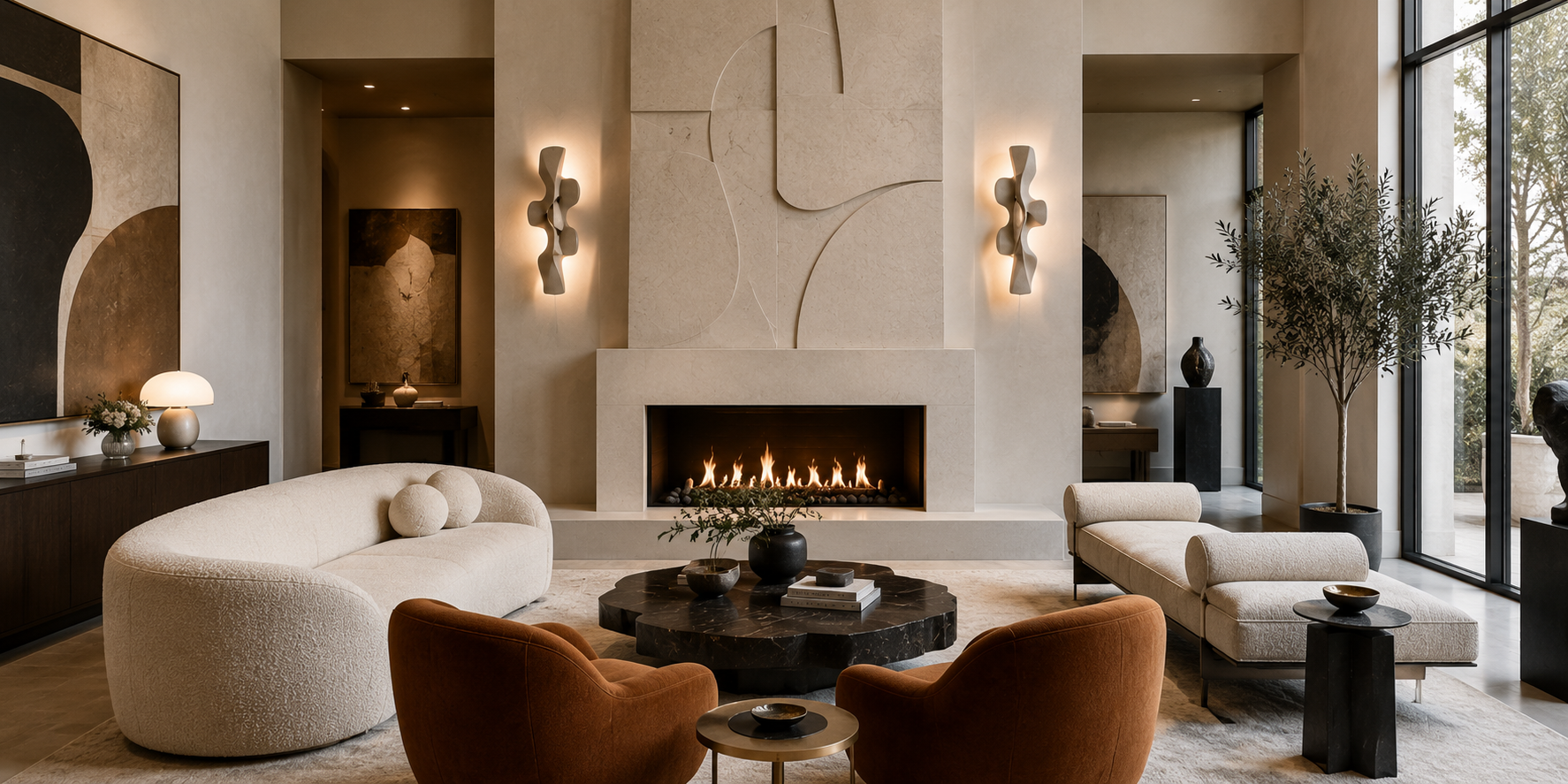 Modern artistic fireplace wall with sculptural designer sconces, abstract shapes, contemporary luxury furniture, gallery-inspired interior, statement lighting,